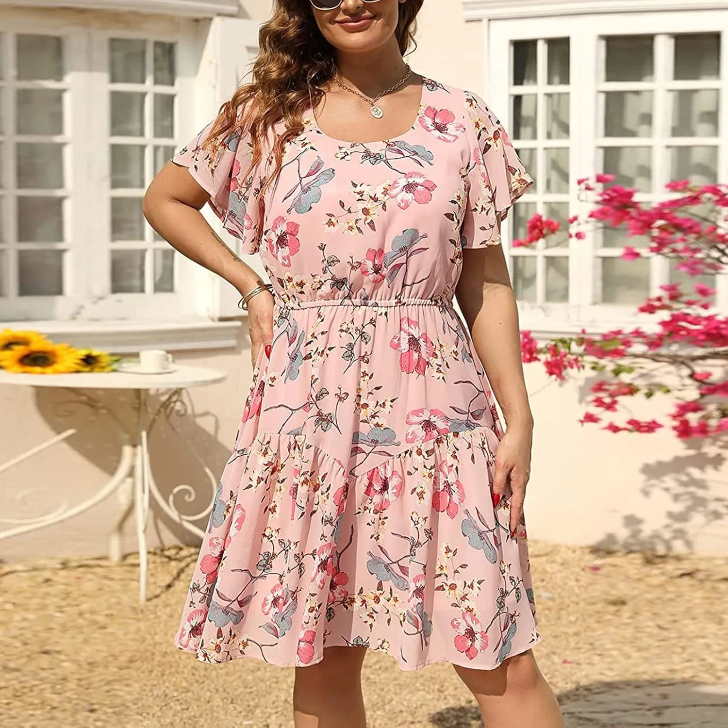 Plus Size Women's Boho Swing Dress Short Ruffle Sleeve Scoop Neck Floral Casual Dress Pleated Loose Mini Sun Dresses
