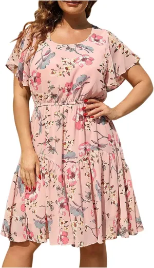 Plus Size Women's Boho Swing Dress Short Ruffle Sleeve Scoop Neck Floral Casual Dress Pleated Loose Mini Sun Dresses