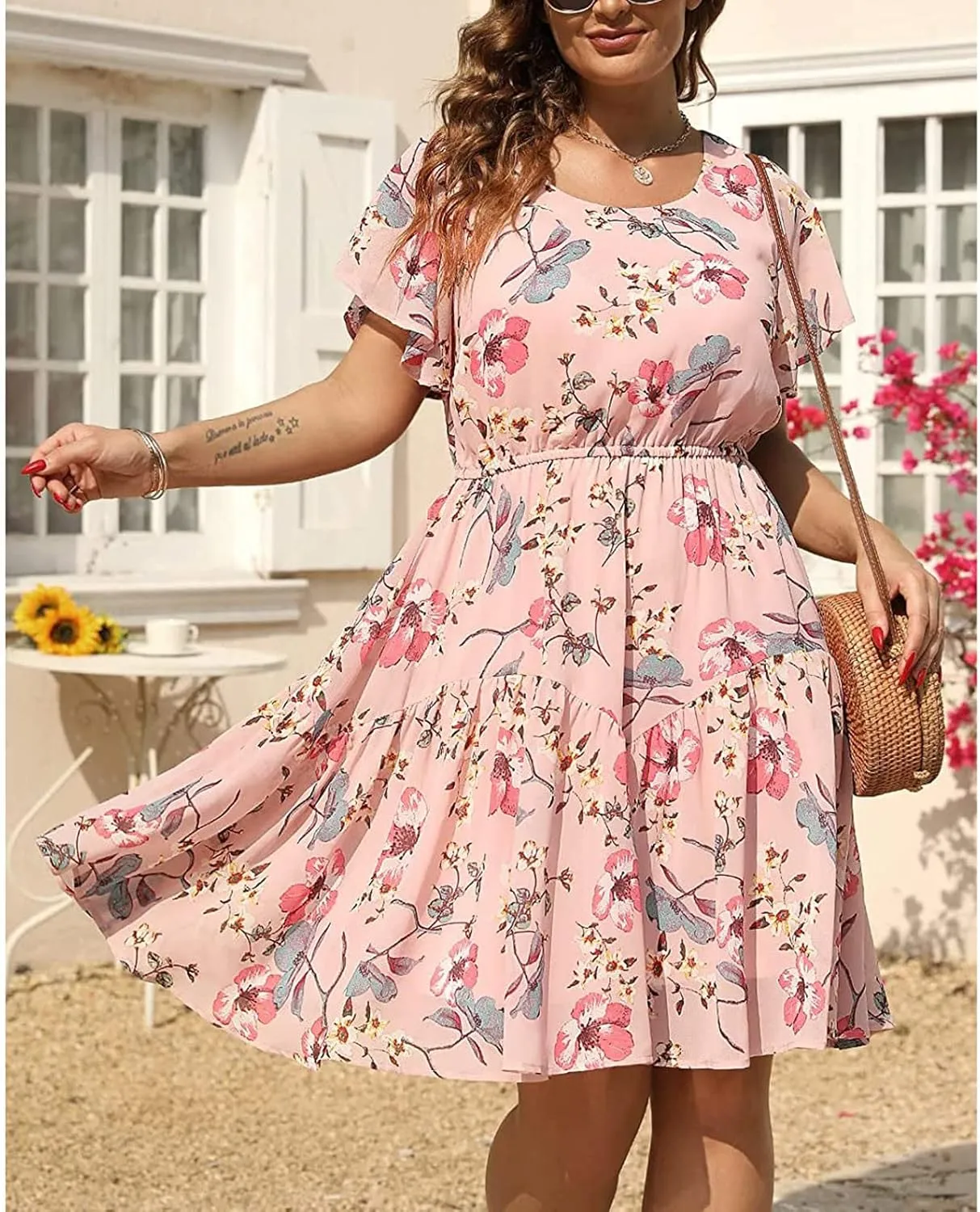 Plus Size Women's Boho Swing Dress Short Ruffle Sleeve Scoop Neck Floral Casual Dress Pleated Loose Mini Sun Dresses