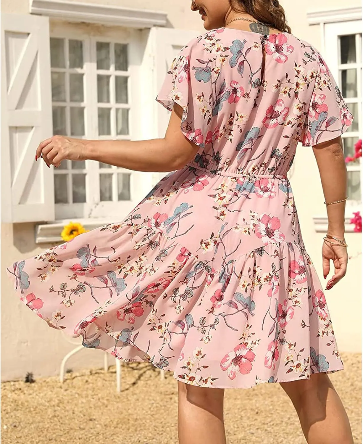 Plus Size Women's Boho Swing Dress Short Ruffle Sleeve Scoop Neck Floral Casual Dress Pleated Loose Mini Sun Dresses