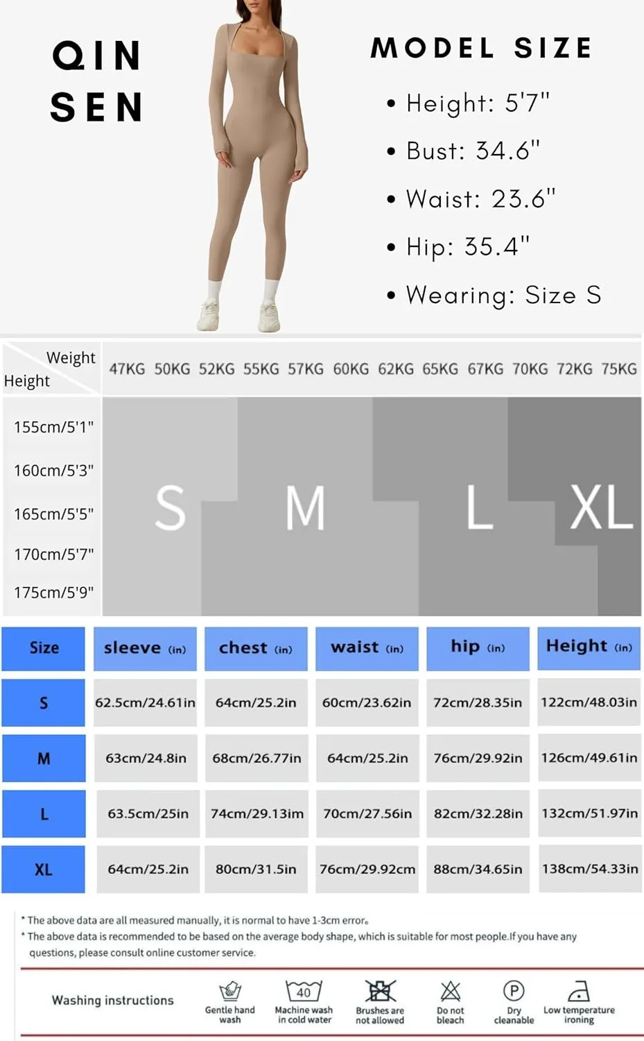QINSEN Womens Sexy Square Neck Long Sleeve Full Length Leggings Bodycon Stretch Jumpsuit