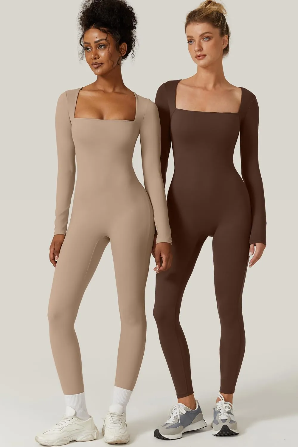 QINSEN Womens Sexy Square Neck Long Sleeve Full Length Leggings Bodycon Stretch Jumpsuit