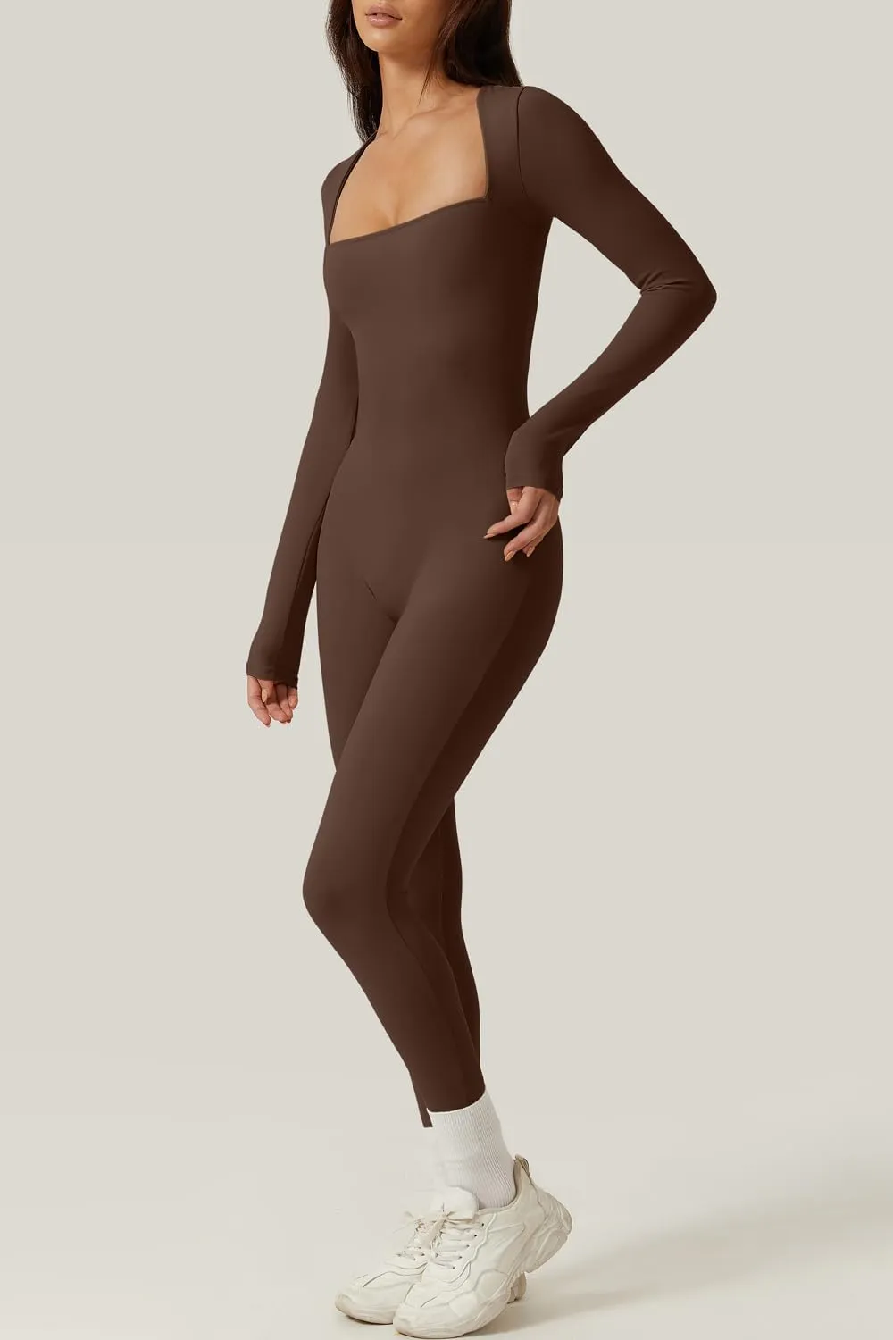 QINSEN Womens Sexy Square Neck Long Sleeve Full Length Leggings Bodycon Stretch Jumpsuit