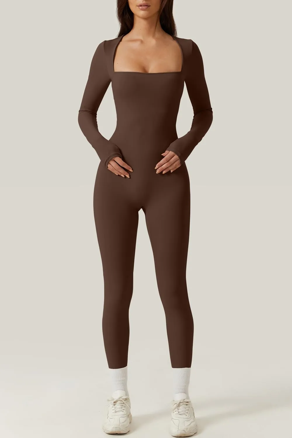 QINSEN Womens Sexy Square Neck Long Sleeve Full Length Leggings Bodycon Stretch Jumpsuit