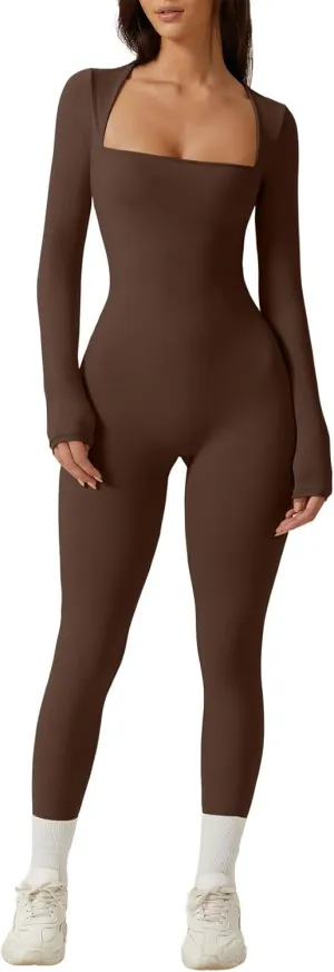 QINSEN Womens Sexy Square Neck Long Sleeve Full Length Leggings Bodycon Stretch Jumpsuit