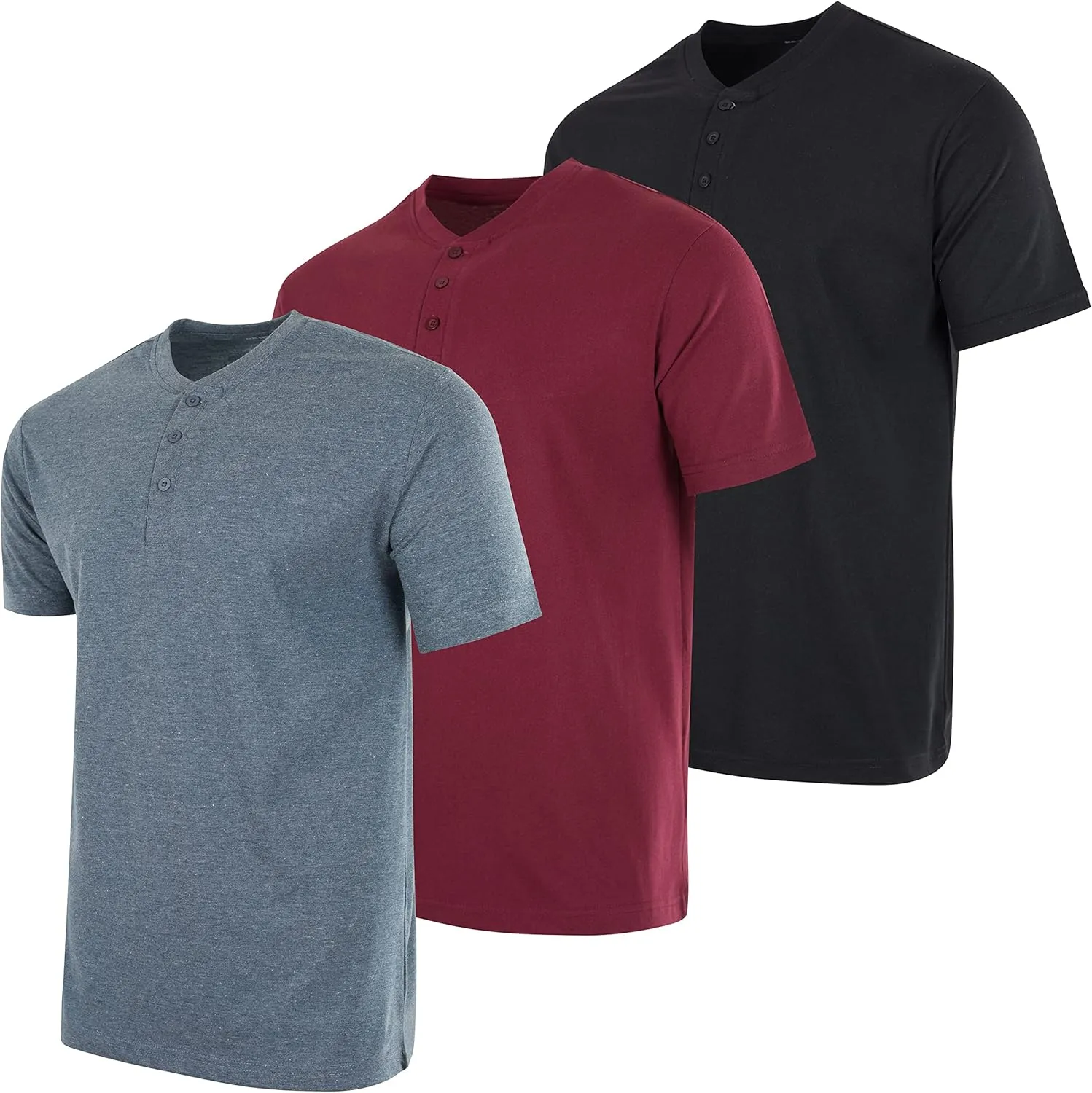 Real Essentials 3 Pack: Men's Cotton Short & Long Sleeve Henley T-Shirt Performance Activewear (Available in Big & Tall)