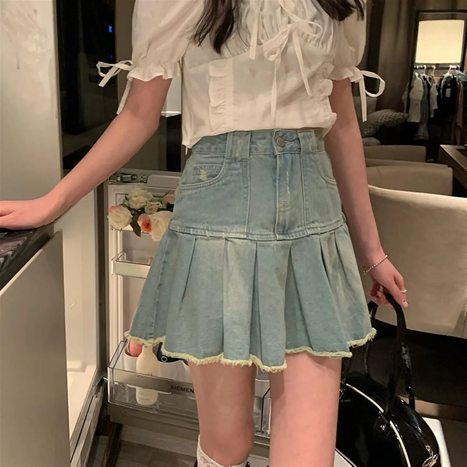 Retro Denim Mini Skirt Women's Fringed High Waist A-line Pleated Skirt Summer (Color : Light Blue, Size : XL)