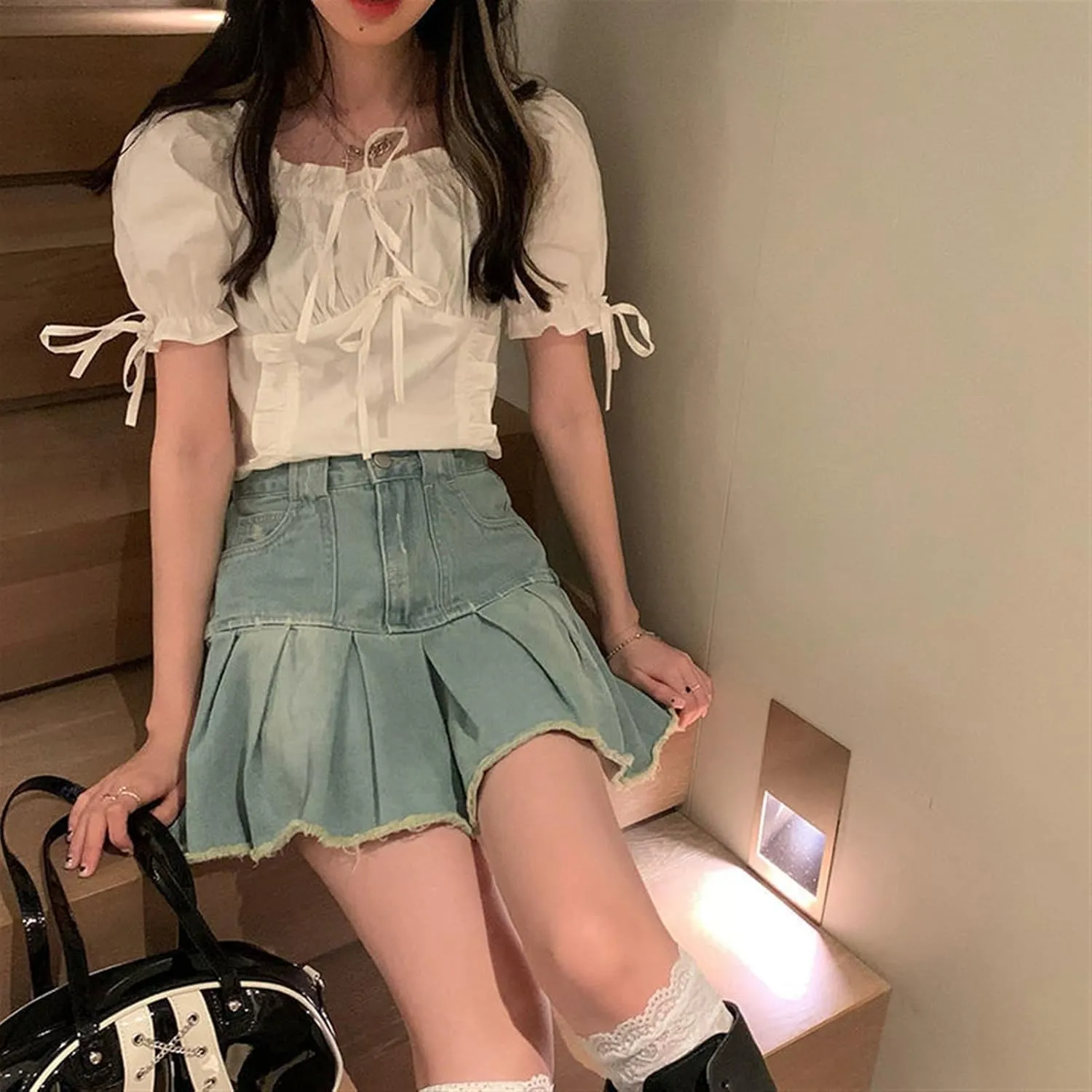Retro Denim Mini Skirt Women's Fringed High Waist A-line Pleated Skirt Summer (Color : Light Blue, Size : XL)