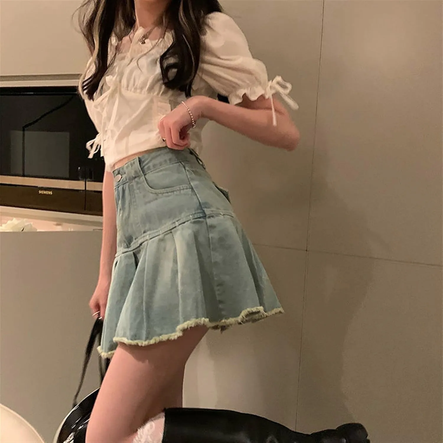 Retro Denim Mini Skirt Women's Fringed High Waist A-line Pleated Skirt Summer (Color : Light Blue, Size : XL)