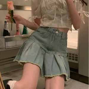 Retro Denim Mini Skirt Women's Fringed High Waist A-line Pleated Skirt Summer (Color : Light Blue, Size : XL)