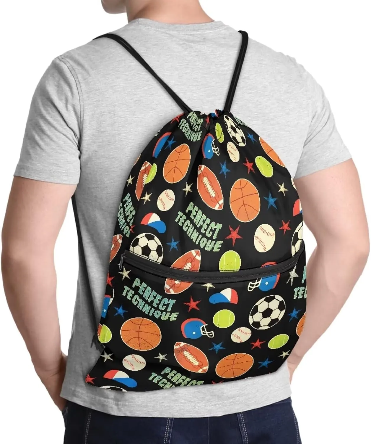 Rnyleeg Sports Theme Drawstring Bag for Boys Ball Pattern Adjustable Lightweight Gym Dance Sackpack for Kids Sports String Bag