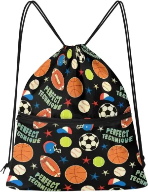 Rnyleeg Sports Theme Drawstring Bag for Boys Ball Pattern Adjustable Lightweight Gym Dance Sackpack for Kids Sports String Bag