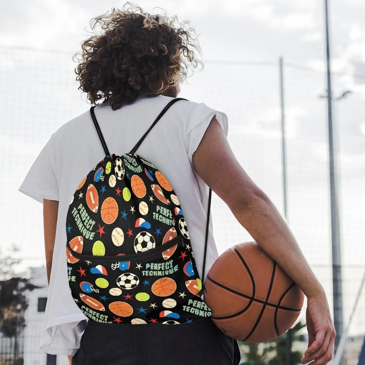 Rnyleeg Sports Theme Drawstring Bag for Boys Ball Pattern Adjustable Lightweight Gym Dance Sackpack for Kids Sports String Bag