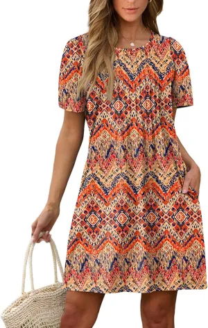 SAMPEEL Womens Pleated Front Summer Dresses Casual Short Sleeve T Shirts Dress with Pockets Vacation Beach Cover Up