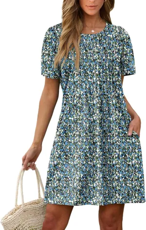 SAMPEEL Womens Pleated Front Summer Dresses Casual Short Sleeve T Shirts Dress with Pockets Vacation Beach Cover Up