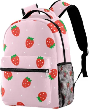 School Backpack For Girls Boys, Kawaii Strawberry Pink Patterns Casual Bookbag With Water Bottle Pocket