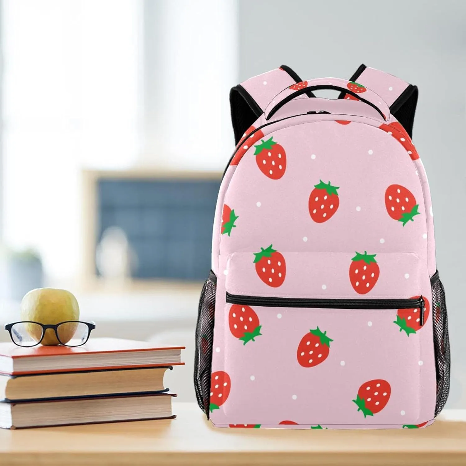 School Backpack For Girls Boys, Kawaii Strawberry Pink Patterns Casual Bookbag With Water Bottle Pocket