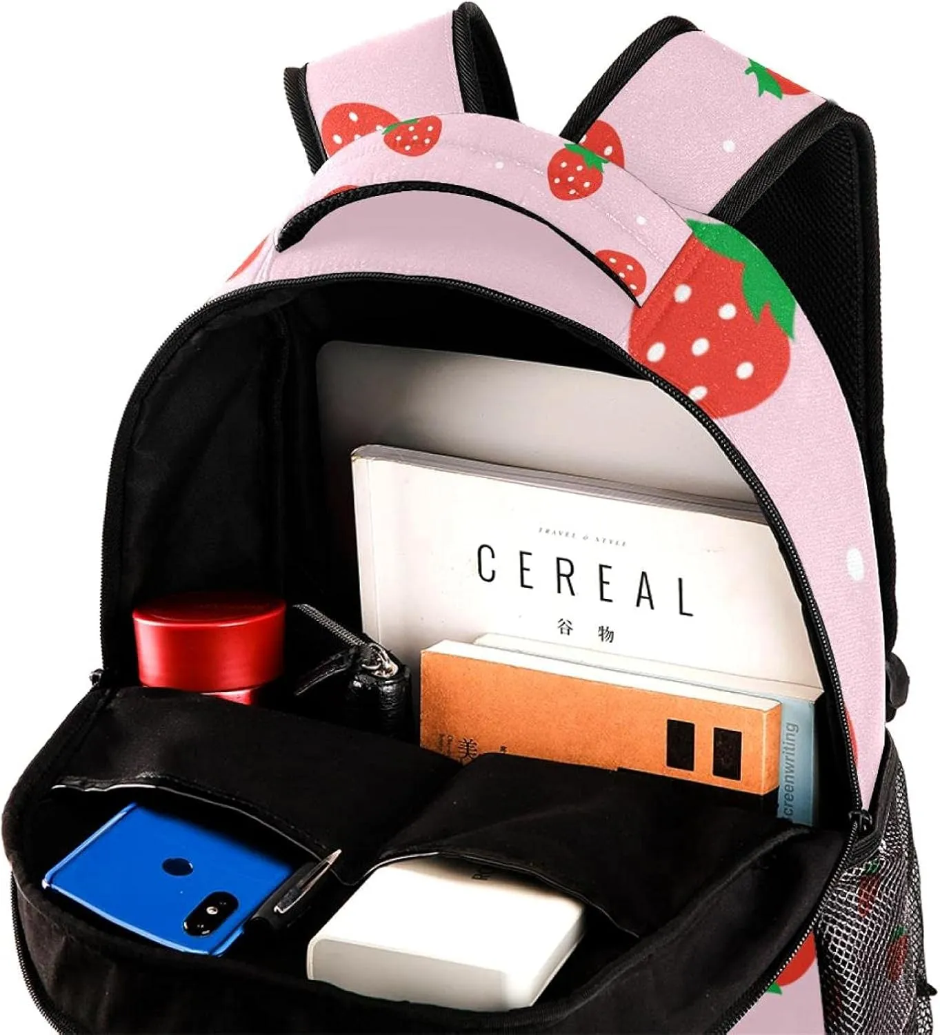 School Backpack For Girls Boys, Kawaii Strawberry Pink Patterns Casual Bookbag With Water Bottle Pocket