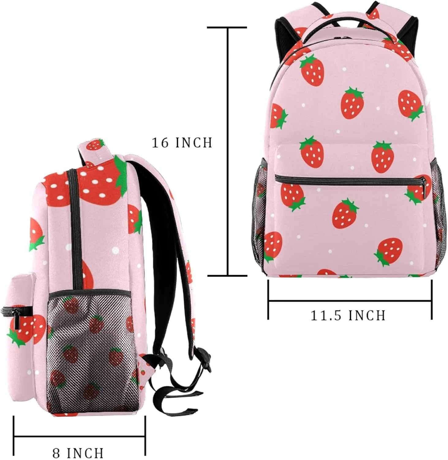 School Backpack For Girls Boys, Kawaii Strawberry Pink Patterns Casual Bookbag With Water Bottle Pocket