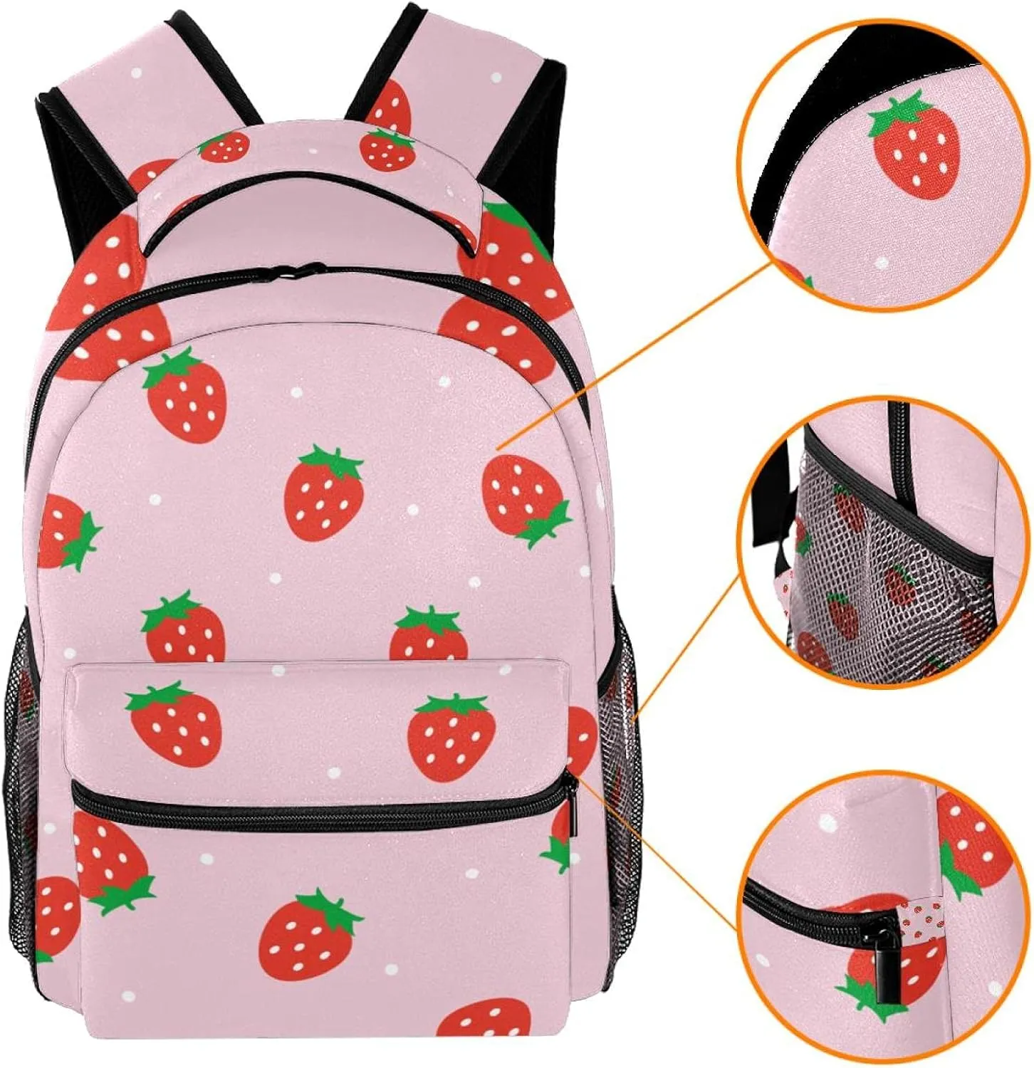 School Backpack For Girls Boys, Kawaii Strawberry Pink Patterns Casual Bookbag With Water Bottle Pocket