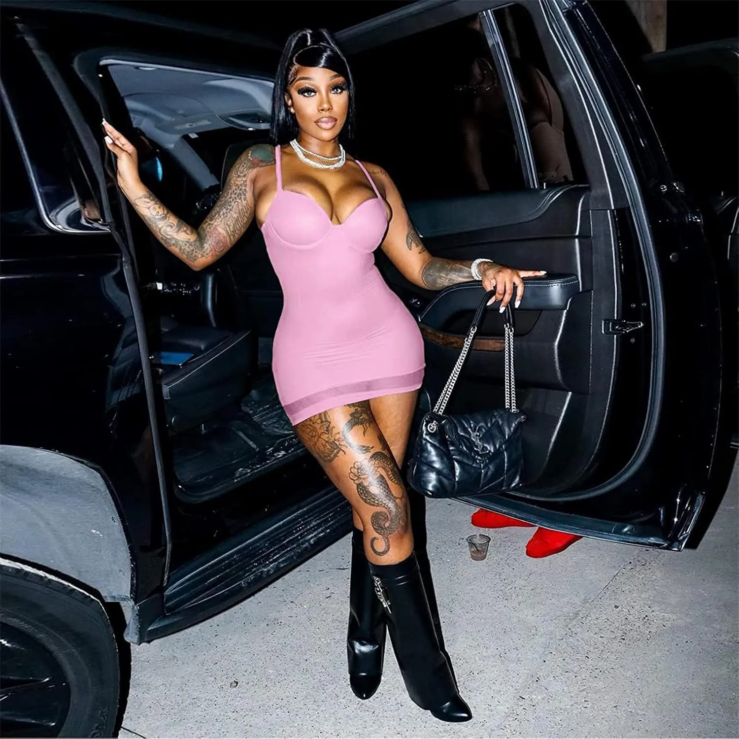 Sexy Bodycon Mini Dress for Women Sweetheart Neck Spaghetti Strap Mesh Hem Party Club Night Out Short Dresses