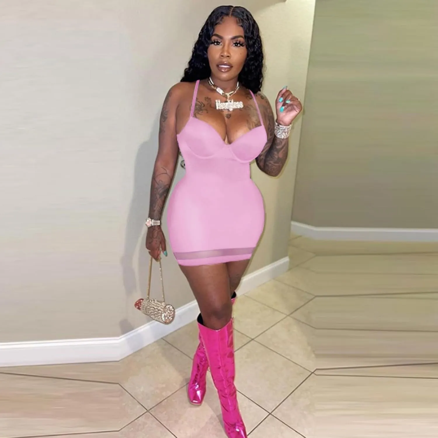Sexy Bodycon Mini Dress for Women Sweetheart Neck Spaghetti Strap Mesh Hem Party Club Night Out Short Dresses