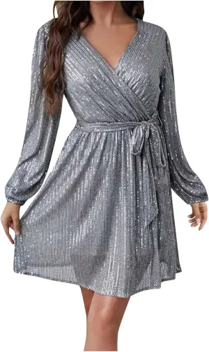 Sexy Sequin Dress for Women Party Night Long Sleeve Wrap V Neck Glitter Dresses Fashion Tie Waist V Neck Midi Dresses