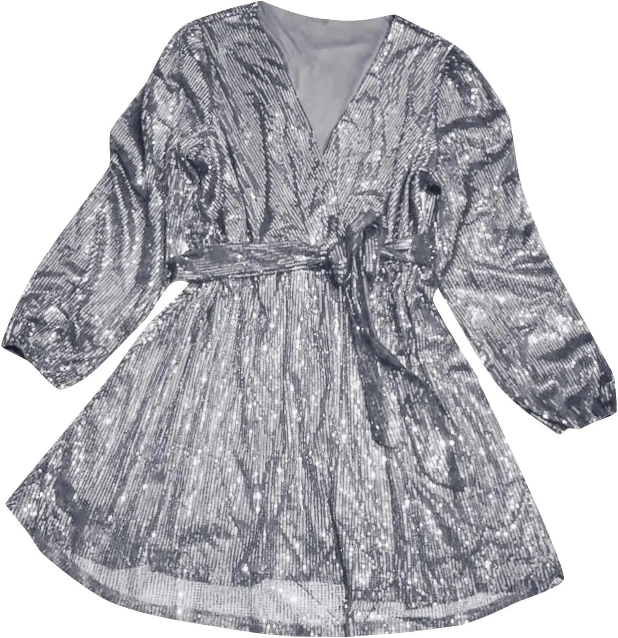 Sexy Sequin Dress for Women Party Night Long Sleeve Wrap V Neck Glitter Dresses Fashion Tie Waist V Neck Midi Dresses