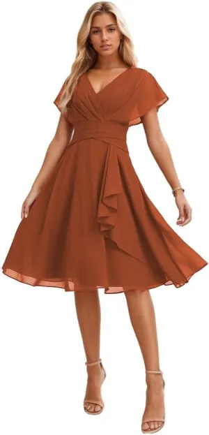 Short Bridesmaid Dresses for Wedding Ruffles Chiffon Formal Dress Corset Evening Gown with Sleeves