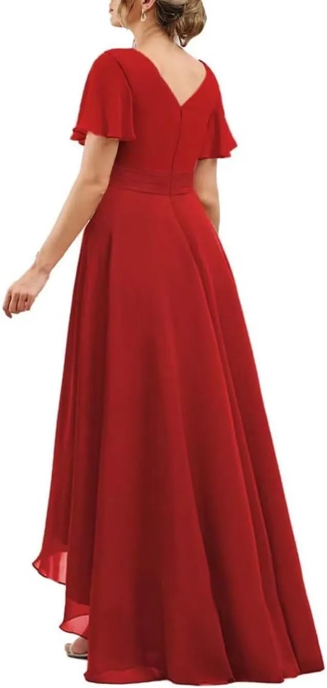 Short Sleeve Bridesmaid Dresses Long 2024 V Neck Chiffon Formal Gown and Evening Party Dress for Wedding Guest