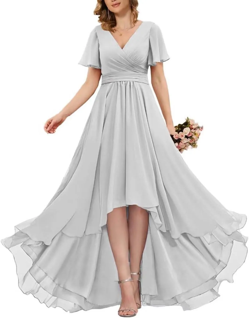 Short Sleeve Bridesmaid Dresses Long 2024 V Neck Chiffon Formal Gown and Evening Party Dress for Wedding Guest