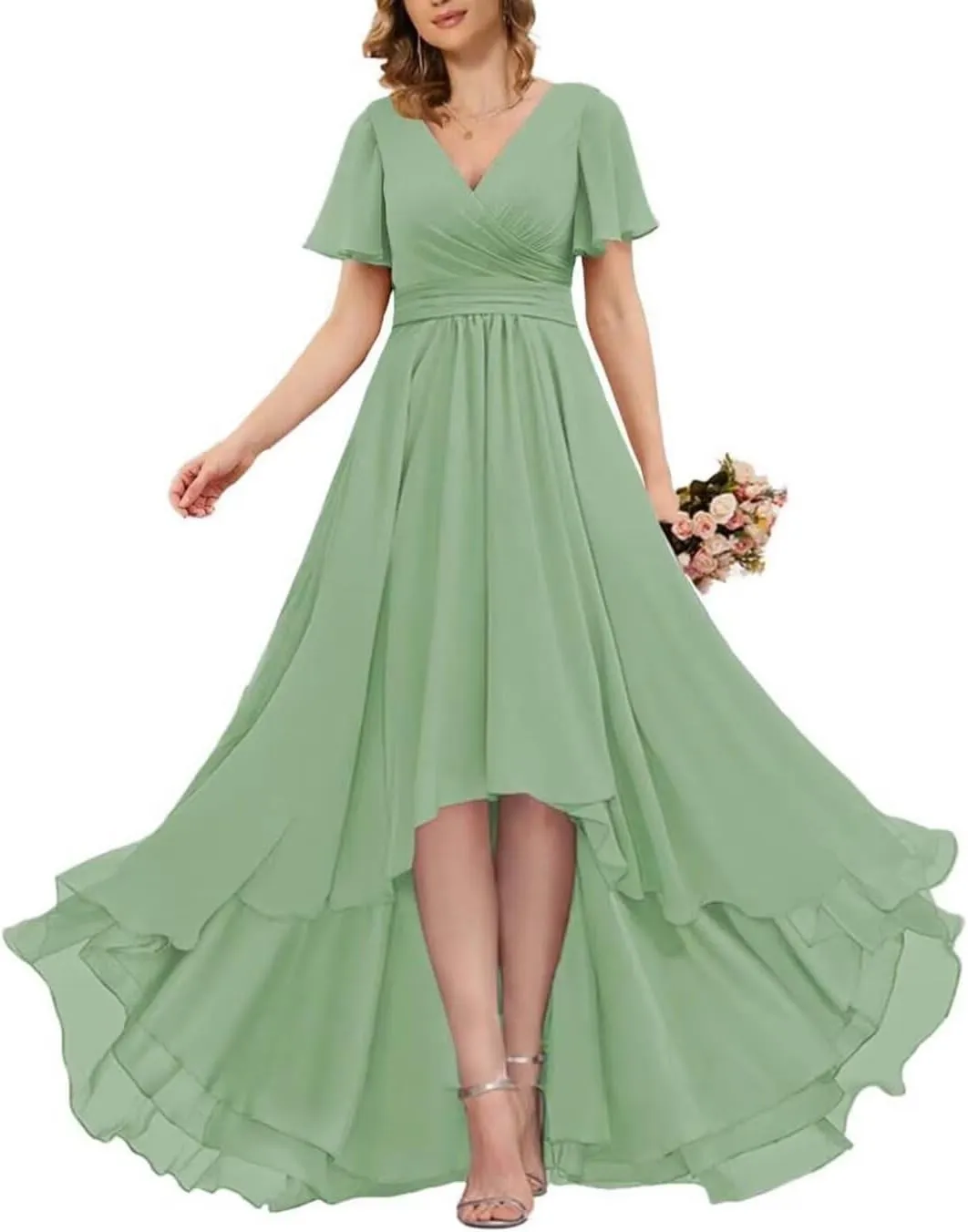 Short Sleeve Bridesmaid Dresses Long 2024 V Neck Chiffon Formal Gown and Evening Party Dress for Wedding Guest