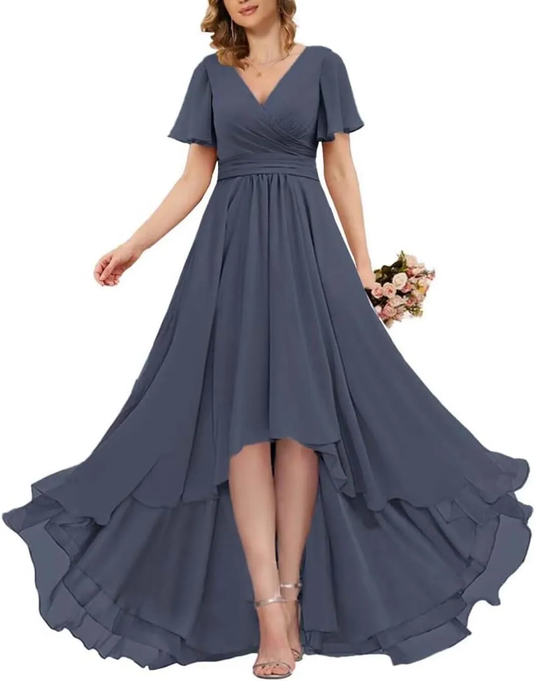 Short Sleeve Bridesmaid Dresses Long 2024 V Neck Chiffon Formal Gown and Evening Party Dress for Wedding Guest