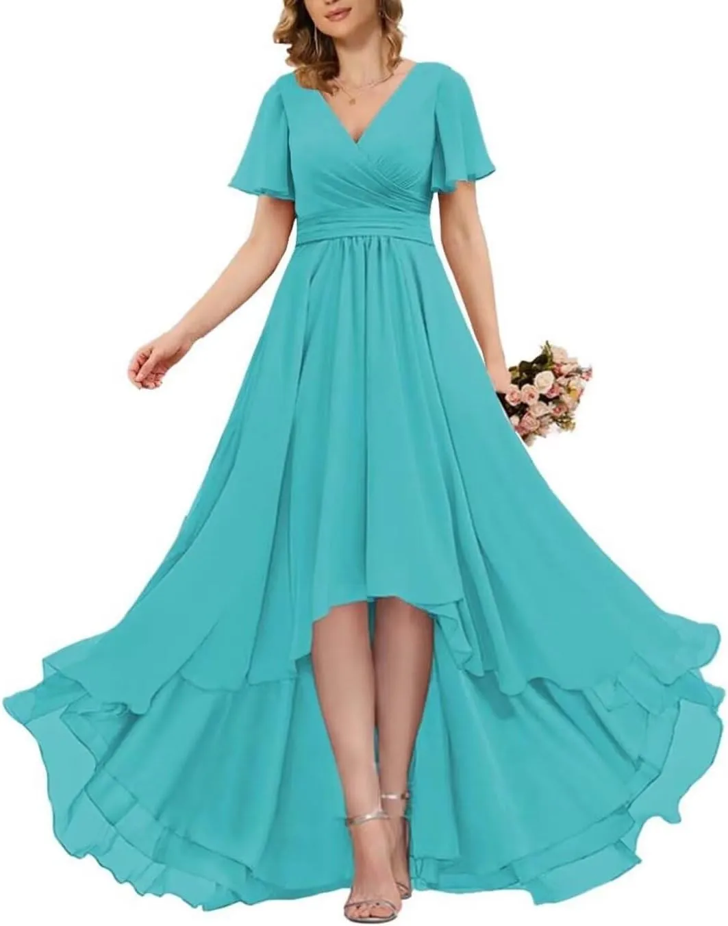 Short Sleeve Bridesmaid Dresses Long 2024 V Neck Chiffon Formal Gown and Evening Party Dress for Wedding Guest
