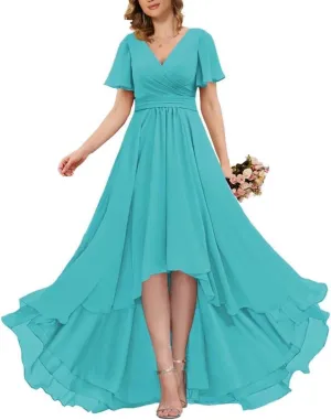 Short Sleeve Bridesmaid Dresses Long 2024 V Neck Chiffon Formal Gown and Evening Party Dress for Wedding Guest
