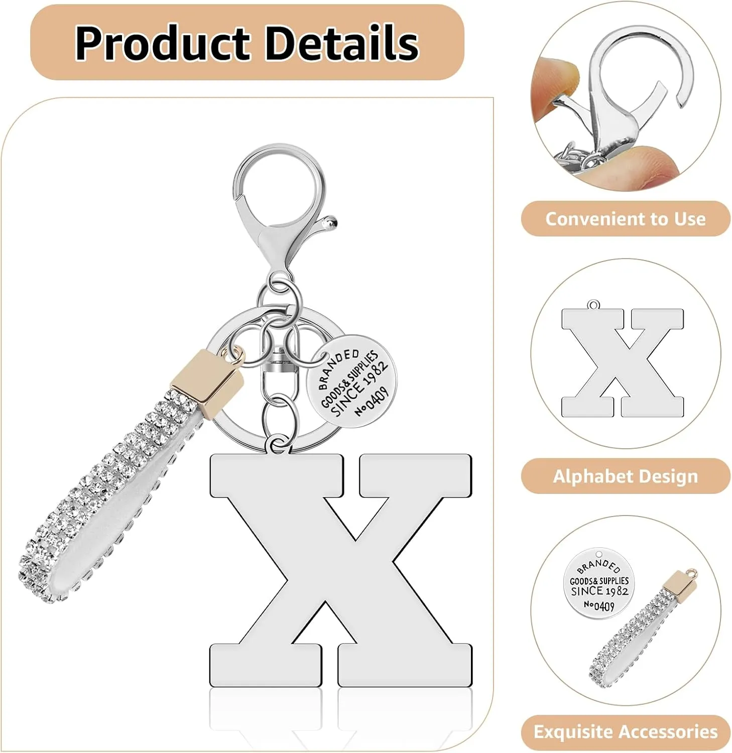 Silver Initial Letter Keychains with Sparkly Rhinestone Lanyard, A-Z Letter Keyring for Women Girls, Bling Key Chain Wristlet
