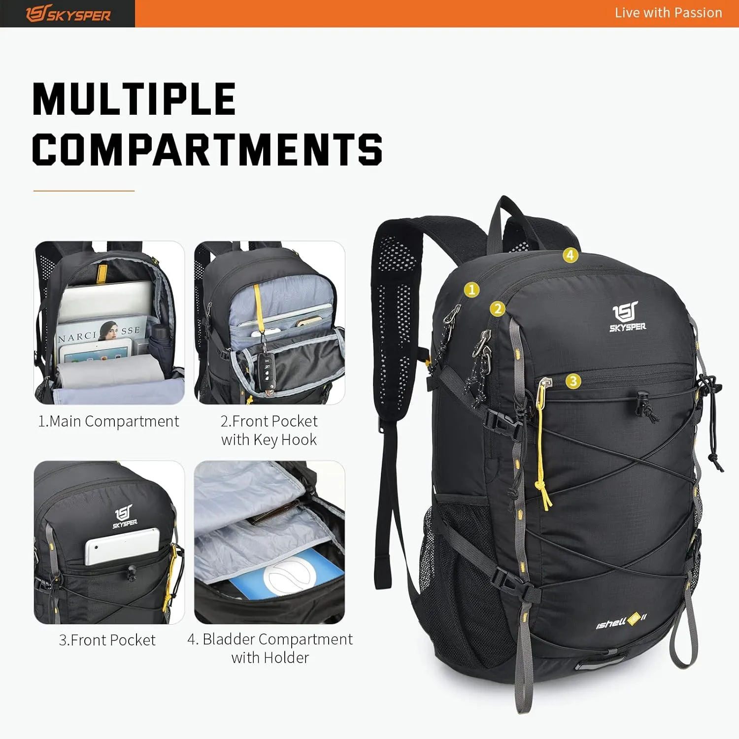 SKYSPER Packable Hiking Backpack 30L Lightweight Daypack Travel Backpacks for Women MenBlack