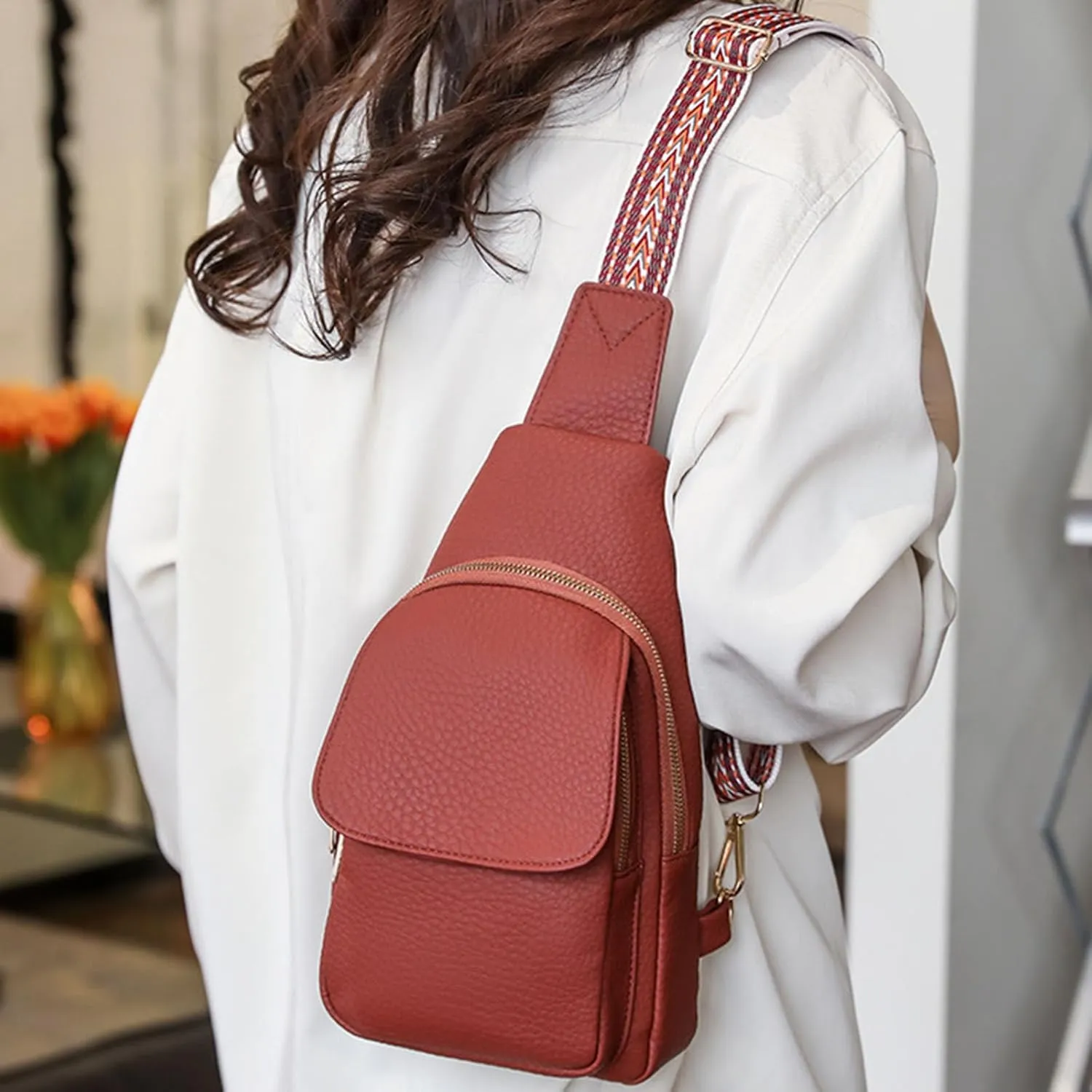 Sling Bag For Women Men Backpack Fanny Pack Crossbody Chest Travel Bags Purse With Adjustable Guitar Strap Pu Leather