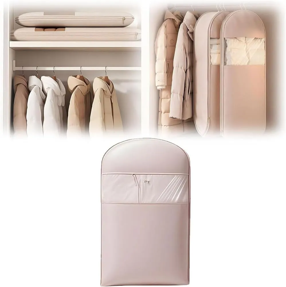 Space Saving Hanging Garment Bag with Self Compression Zippe, 2025 New Space Saver Closet Organizers, Dust Cover Clothes Bags for Down Coat for Closet Storage (1pcs Pink, Small)