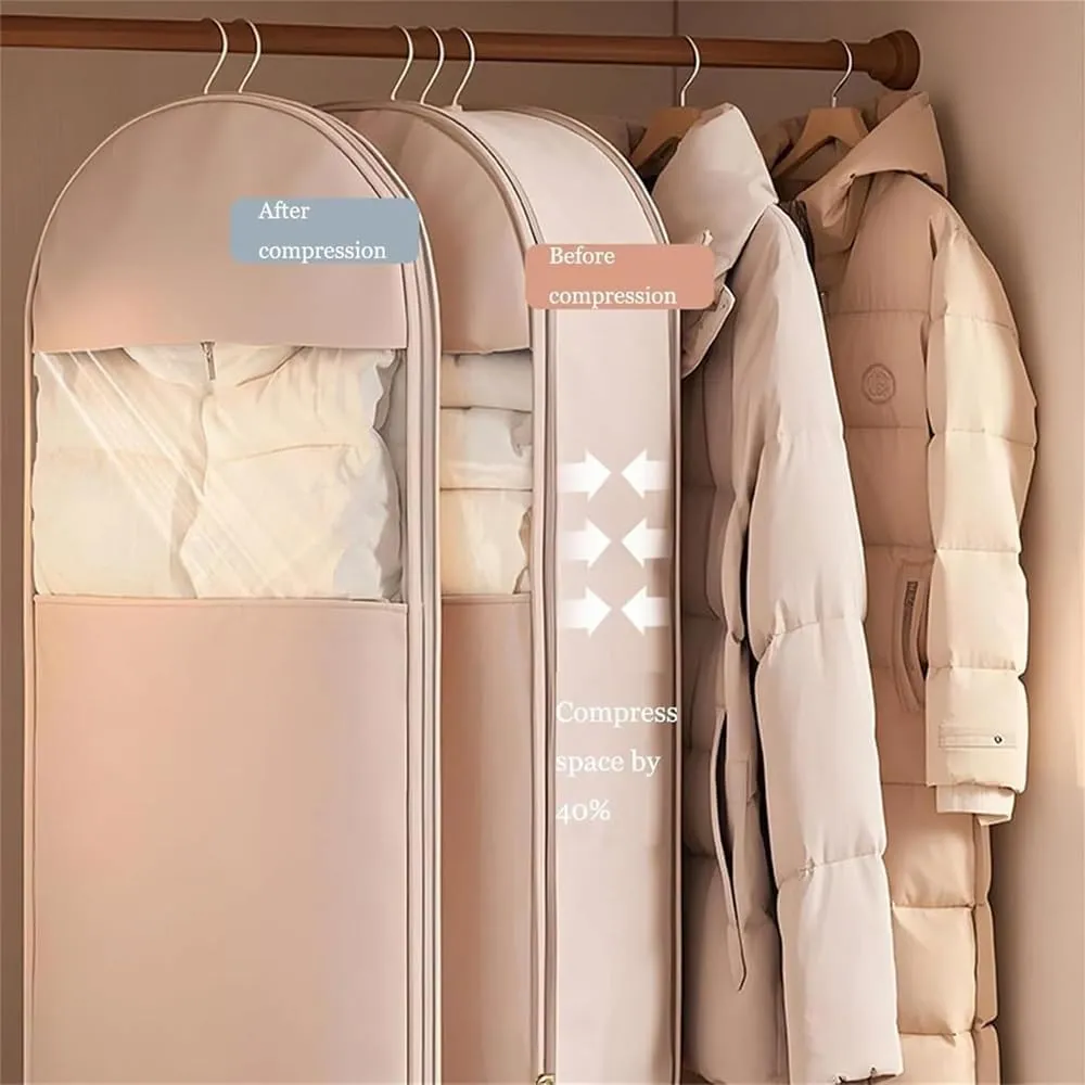 Space Saving Hanging Garment Bag with Self Compression Zippe, 2025 New Space Saver Closet Organizers, Dust Cover Clothes Bags for Down Coat for Closet Storage (1pcs Pink, Small)
