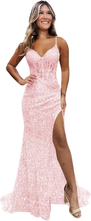Sparkly Sequins Prom Dresses Long Mermaid Evening Dress with Slit Lace Appliques Corset Evening Formal Gown