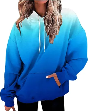 Stessotudo Womens Hoodies 2023 Casual Gradient Long Sleeve Oversized Sweatshirts Pocketed Aesthetic Fashion Pullover Tops