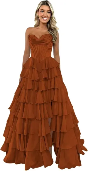 Strapless Long Prom Dresses for Women 2025 Corset Tiered Ruffle Formal Evening Gowns with Slit