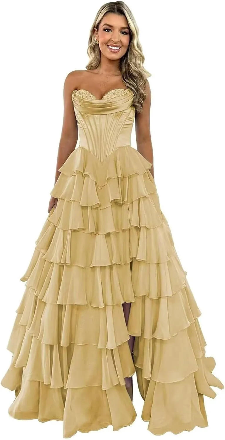 Strapless Long Prom Dresses for Women 2025 Corset Tiered Ruffle Formal Evening Gowns with Slit