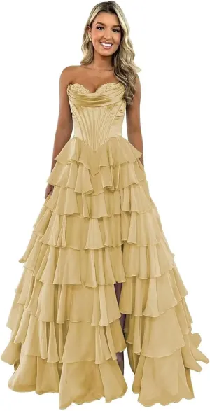 Strapless Long Prom Dresses for Women 2025 Corset Tiered Ruffle Formal Evening Gowns with Slit