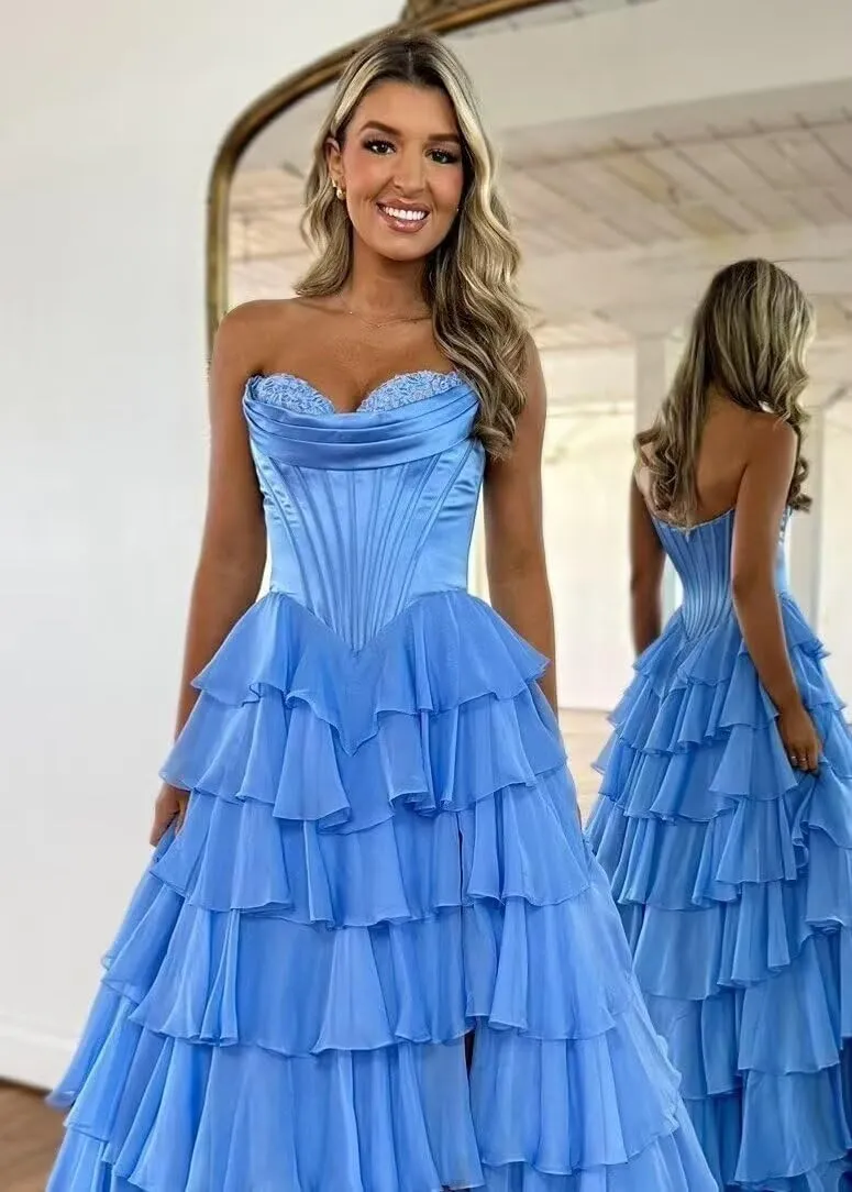 Strapless Long Prom Dresses for Women 2025 Corset Tiered Ruffle Formal Evening Gowns with Slit