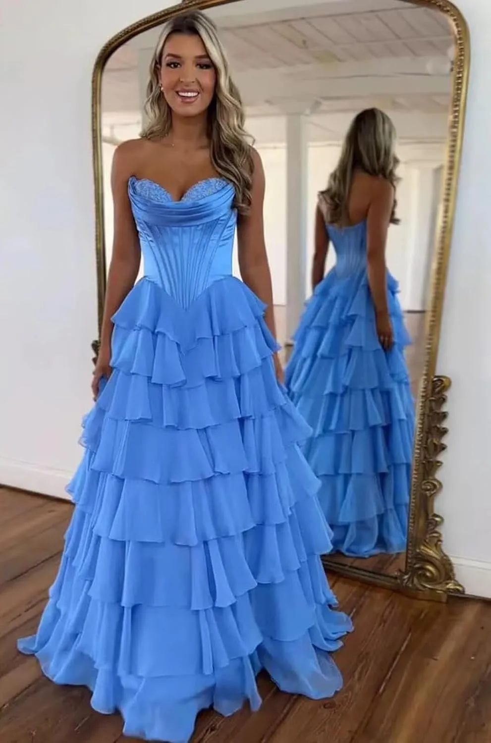Strapless Long Prom Dresses for Women 2025 Corset Tiered Ruffle Formal Evening Gowns with Slit
