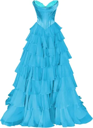 Strapless Prom Dresses 2025 Tiered Ruffle Chiffon Ball Gown Corset Satin Quinceanera Dresses