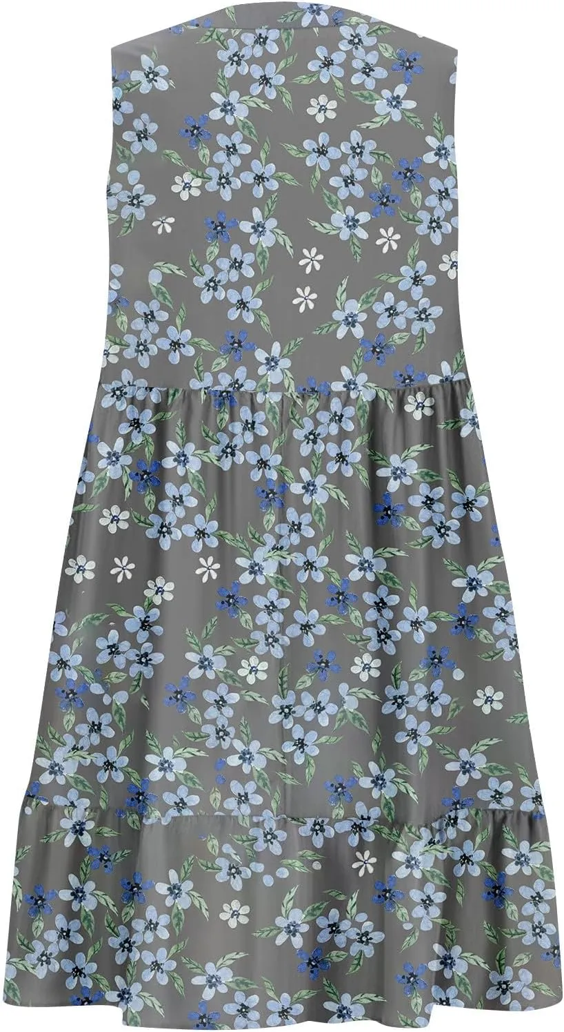 Summer Dresses for Women 2025 Sleeveless V Neck Mini Dress Flowy Boho Floral Ruffle A Line Swing Beach Sundress