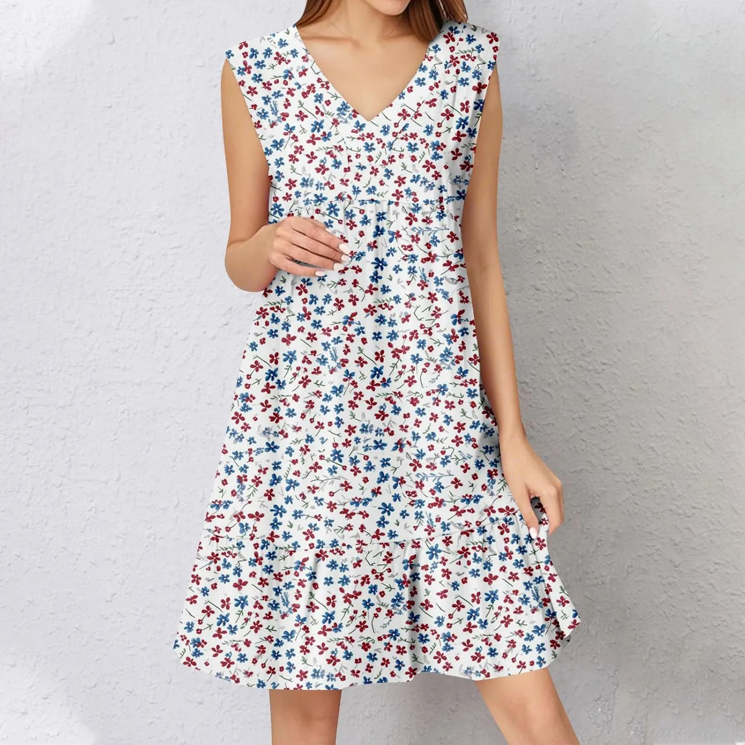Summer Dresses for Women 2025 Sleeveless V Neck Mini Dress Flowy Boho Floral Ruffle A Line Swing Beach Sundress
